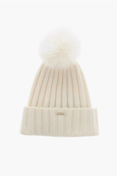 Woolrich Cashmere Blend Beanie With Fur Pompom In Neutral