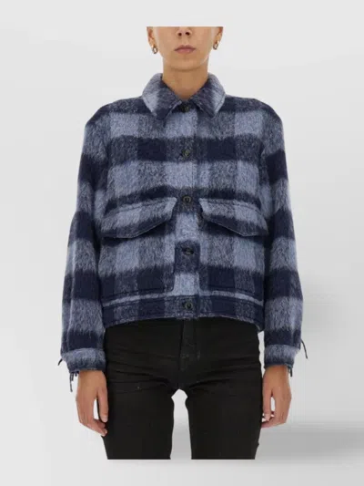 WOOLRICH CHECKED FRINGE COLLARED JACKET