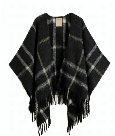 Woolrich Checked Fringed Hem Woorlich Cape In Black