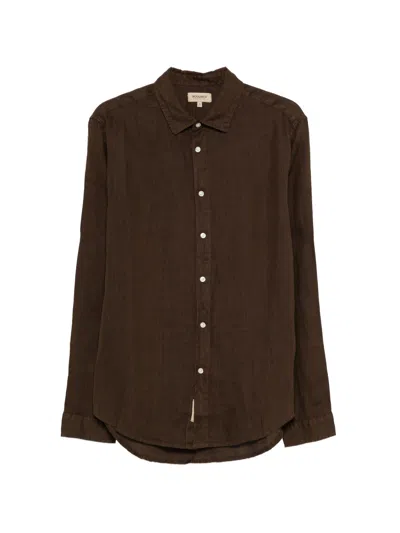 Woolrich Classic Long-sleeved Linen Shirt In Brown