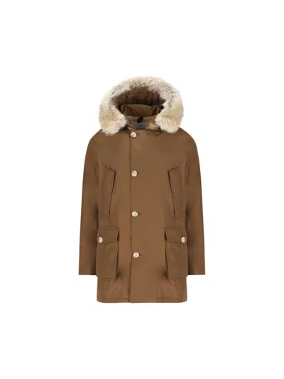 Woolrich Hooded Down Jacket In Brown