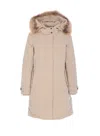 Woolrich Long Hooded Padded Quilted Coat In Neutral