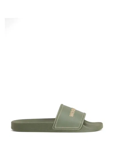Woolrich Contrasting Stitching Logo Slide Sandals In Green