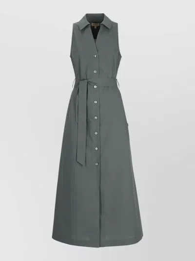 Woolrich Cotton Midi Dress Belted Waist Sleeveless In Gray