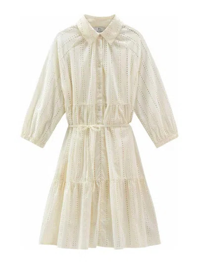 Woolrich Tiered Skirt Cotton Shirt Dress With Puff Sleeves In White