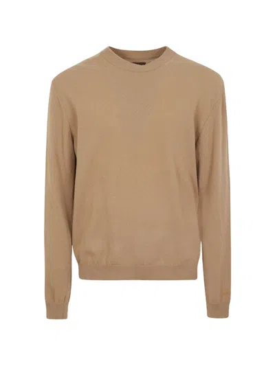 Woolrich Virgin Wool Fine Knit Crewneck Sweater With Ribbed Cuffs And Hem In Brown