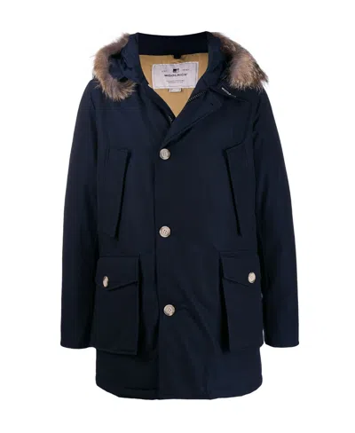 Woolrich Dark Blue Hooded Down Jacket In Black