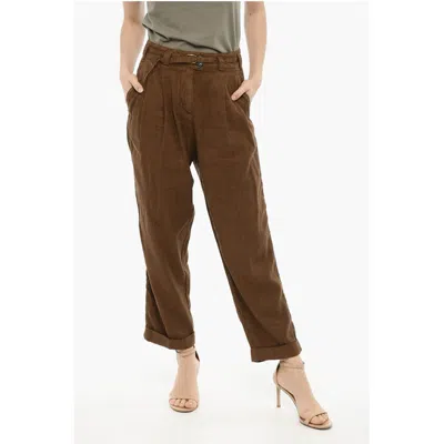 Woolrich Doluble Pleated Linen And Cotton Pants With Belt In Brown