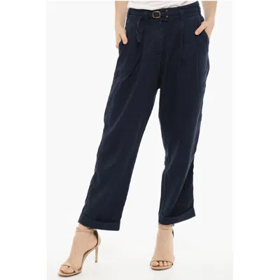Woolrich Double Pleat Cotton And Linen Pants With Belt In Black