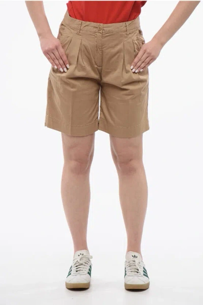 Woolrich Double-pleated Stretch Cotton Shorts With Belt Loops In Brown