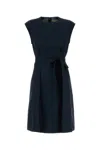 Woolrich Poplin Dress With Belted Waist And Cap Sleeves In Blue