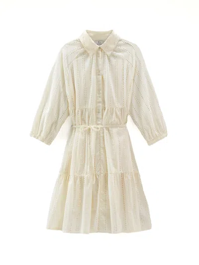 Woolrich Tiered Skirt Cotton Shirt Dress With Puff Sleeves In White