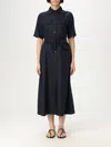 Woolrich Black Long Dress With Short Sleeves And Belt In Blue
