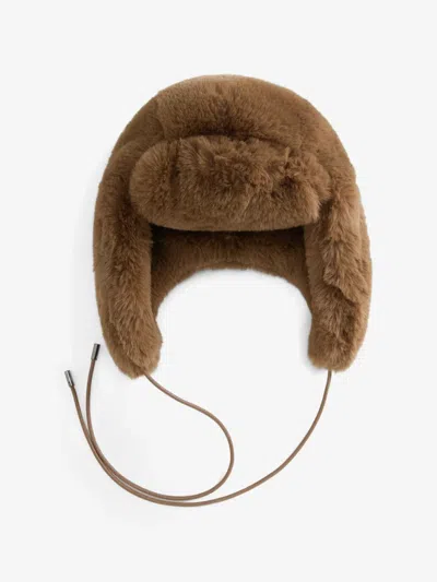 Woolrich Faux Fur Hat With Adjustable Leather Drawstring And Contrasting Lining In Marrone