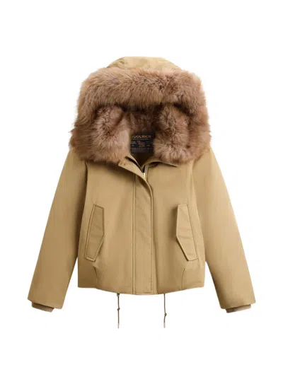 Woolrich Faux-fur Trim Hooded Jacket In Neutral