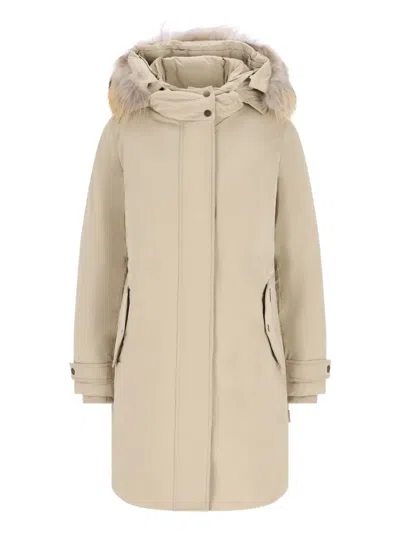 Woolrich Fur-trimmed Hooded Coat In Neutral