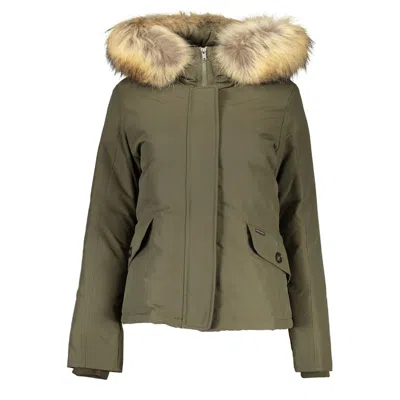 WOOLRICH GREEN COTTON JACKET WITH HOOD AND REMOVABLE FUR