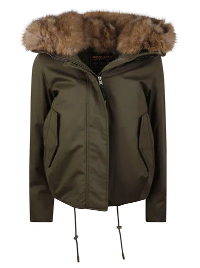 Woolrich Green Faux Fur Short Cotton Parka