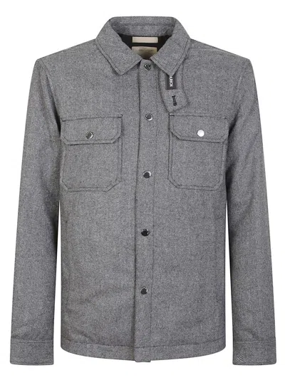 WOOLRICH GREY PATTERNED WOOL BLEND OVERSHIRT WITH CLASSIC COLLAR AND SNAP-BUTTON FASTENING