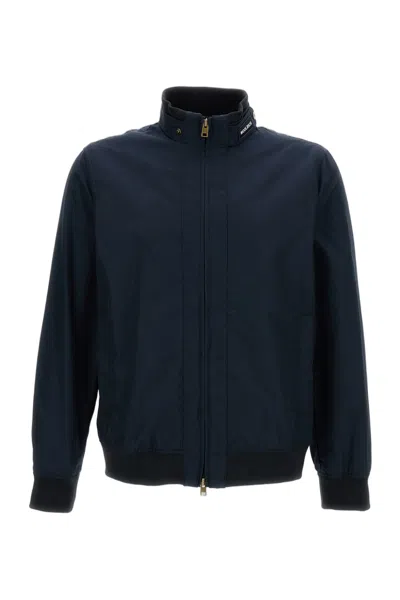 WOOLRICH HIGH COLLAR BLUE BOMBER JACKET WITH TWO-WAY ZIP CLOSURE