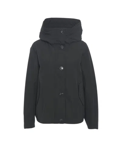 Woolrich High-collar Jacket With Hood And Button Closure In Black