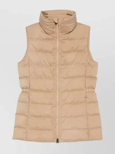 Woolrich High Neck Sleeveless Quilted Padded Vest In Brown