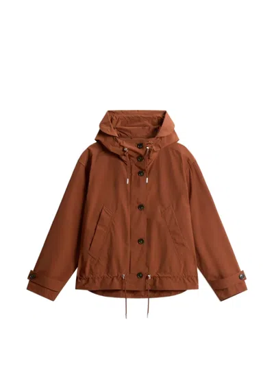 Woolrich Hooded Buttoned Jacket In Brown