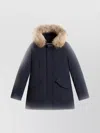 Woolrich Hooded Fur Trim Quilted Long Length Jacket In Blue