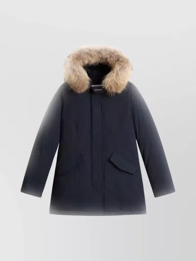 Woolrich Hooded Fur Trim Quilted Long Length Jacket In Blue