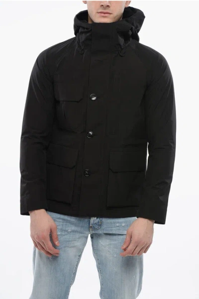 Woolrich Hooded Gtx Windbreaker With Utility Pockets In Black
