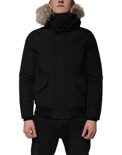 Pre-owned Woolrich Hooded Long Sleeves Fur Shearling Coat Men's Jacket () In Black