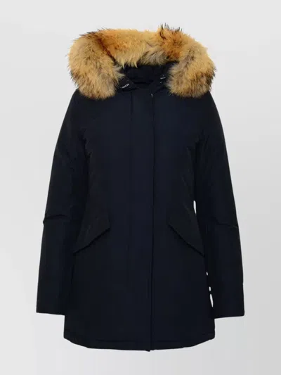 Woolrich Hooded Parka Fur Trim In Blue