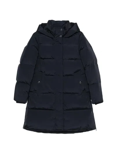 Woolrich Long Quilted Down Hooded Coat In Blue