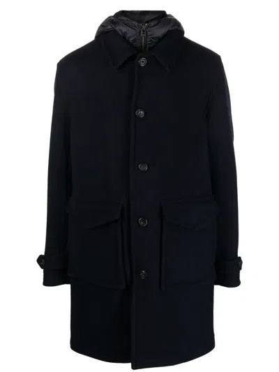 Woolrich Hooded Single-breasted Coat In Blue
