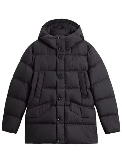 Woolrich Horizontal Quilted Hooded Puffer Coat With Turtleneck And Concealed Pockets In Black
