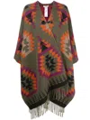 Woolrich Ikat-print Fringed Wool-blend Cape In Grün