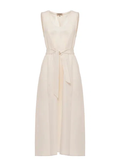 Woolrich Ivory Linen Blend Midi Dress With Matching Belt In Neutral