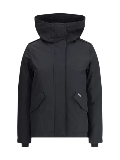 Woolrich Long-sleeved Hooded Parka Coat In Black