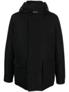 Woolrich Padded Jet Black Parka With Logo Print And Drawstring Hood In Black