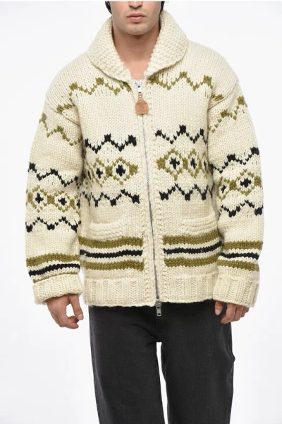 Woolrich Kanata Patterned Wool Sweater With Zip Closure In Neutral