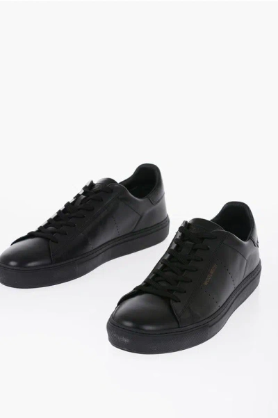 Woolrich Leather All Round Low-top Sneakers With Textured Leather Det In Black