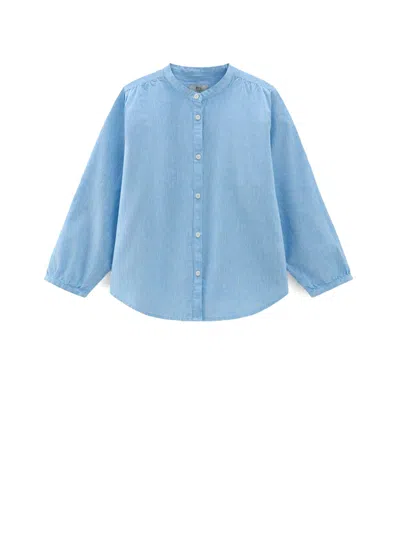 Woolrich Light Blue Long-sleeved Linen Shirt In Sea Breeze