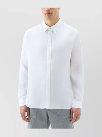 Woolrich Linen Shirt With Curved Hem And Buttoned Cuffs In White