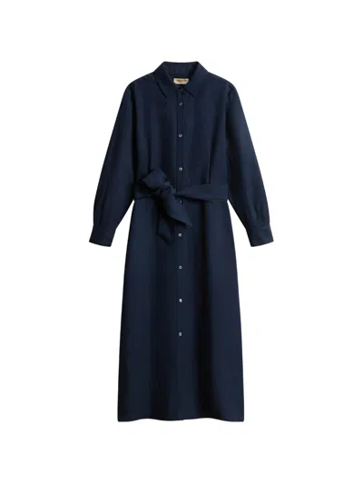 Woolrich Linen-blend Shirt Dress With Belt And Adjustable Cuffs In Blue