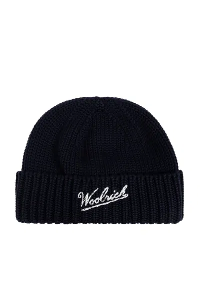 Woolrich Logo Intarsia Knit Beanie In Blue