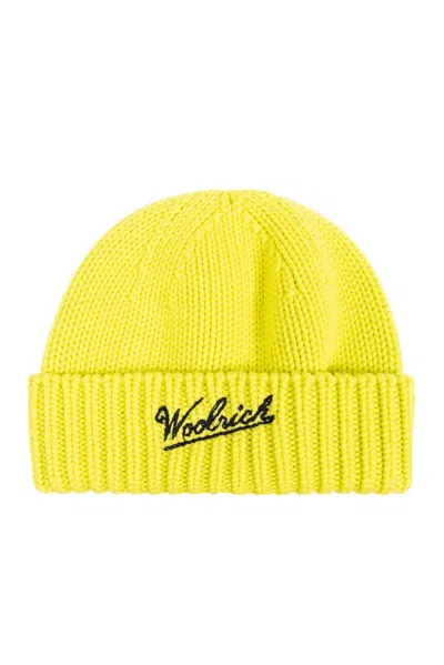 Woolrich Logo Intarsia Knit Beanie In Yellow