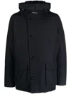 Woolrich Padded Jet Black Parka With Logo Print And Drawstring Hood In Black