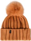 Woolrich Logo Patch Pompom Detailed Beanie In Soft Camel