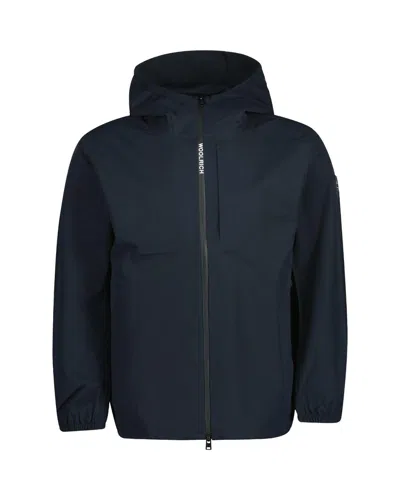 Woolrich Logo-patch Hooded Zipped Jacket In Melton Blue