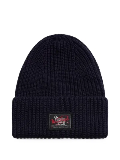Woolrich Logo-patch Ribbed-knit Beanie Hat In Blue